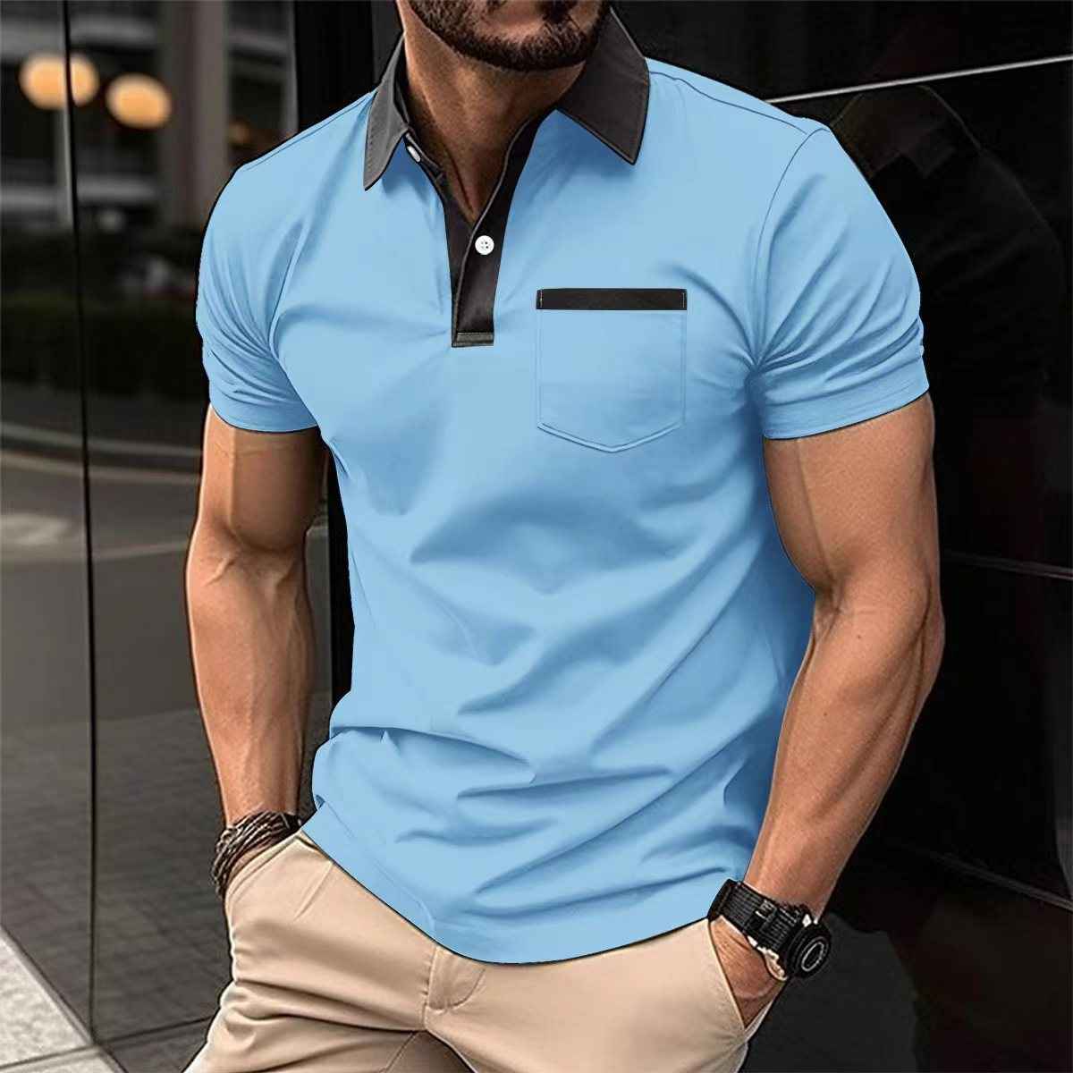 Lapel Polo Shirt Slim Pocket Short Sleeve Cotton Men's - OLD MONEY LEGACY