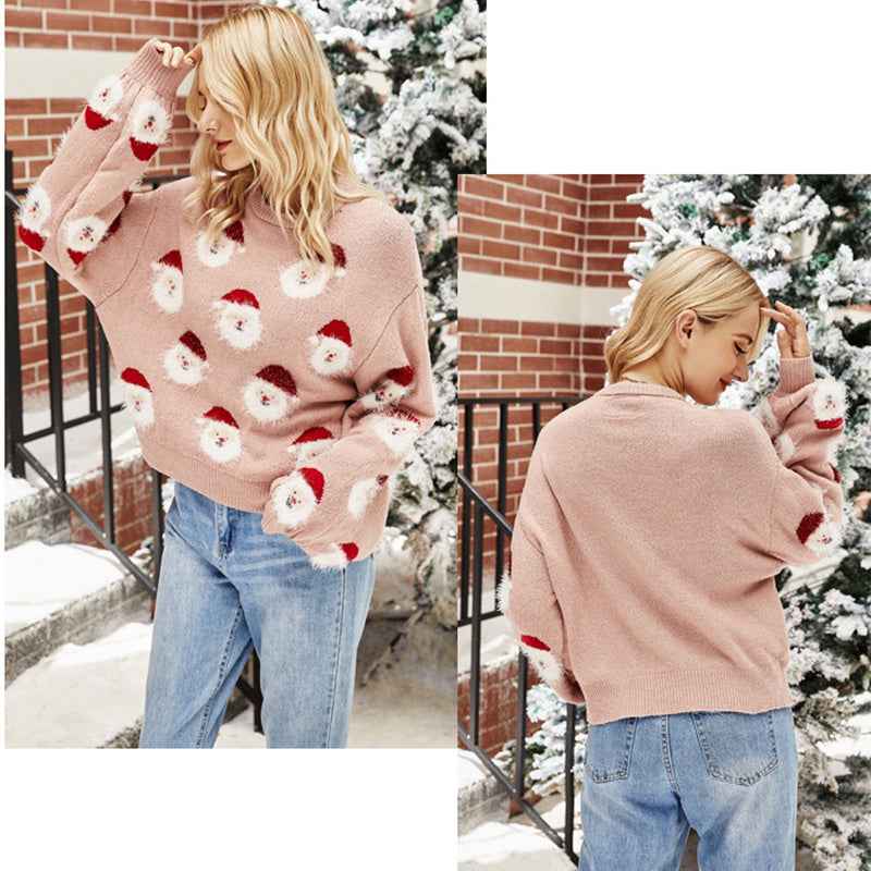 Women's Regular Fit Christmas Santa Print Knit Sweater - OLD MONEY LEGACY