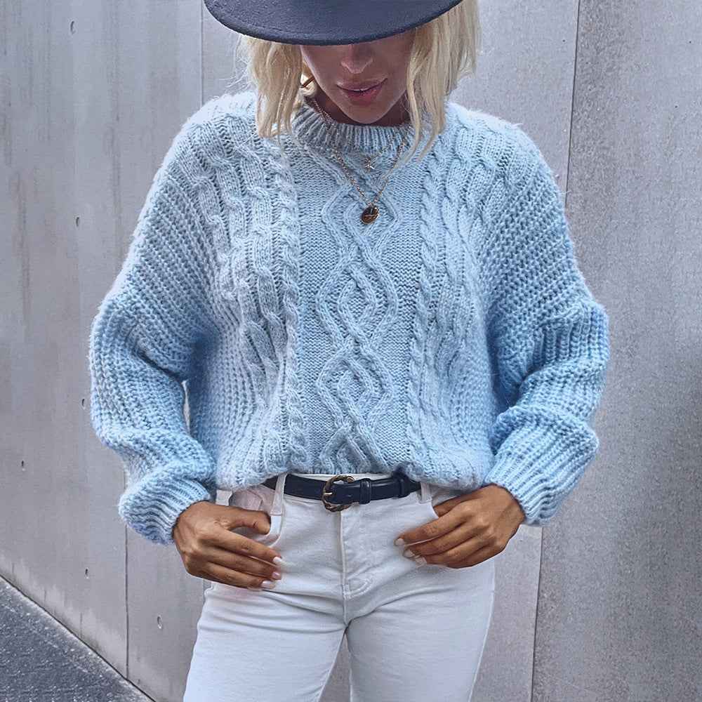 Women's Round Neck Long Sleeve Acrylic Knit Sweater - OLD MONEY LEGACY