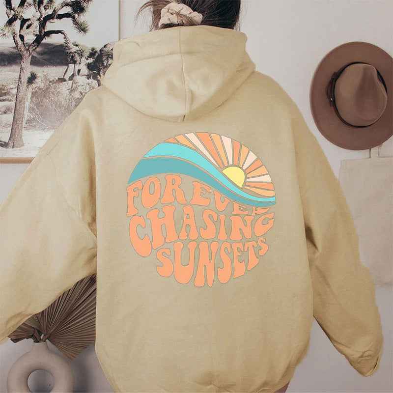 Unisex Fleece-Lined Sunset Print Hoodie Kangaroo Pocket - OLD MONEY LEGACY