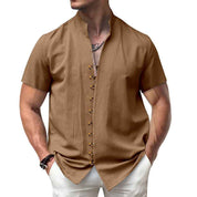 Linen Button Stand Collar Short Sleeve Shirt - OLD MONEY LEGACY