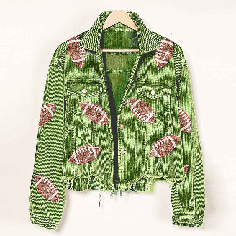 Women's Corduroy Rugby-Print Baseball Jacket - OLD MONEY LEGACY