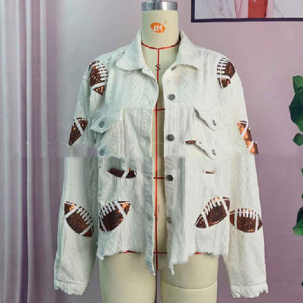 Women's Corduroy Rugby-Print Baseball Jacket - OLD MONEY LEGACY