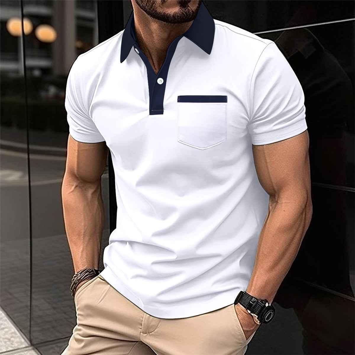 Lapel Polo Shirt Slim Pocket Short Sleeve Cotton Men's - OLD MONEY LEGACY