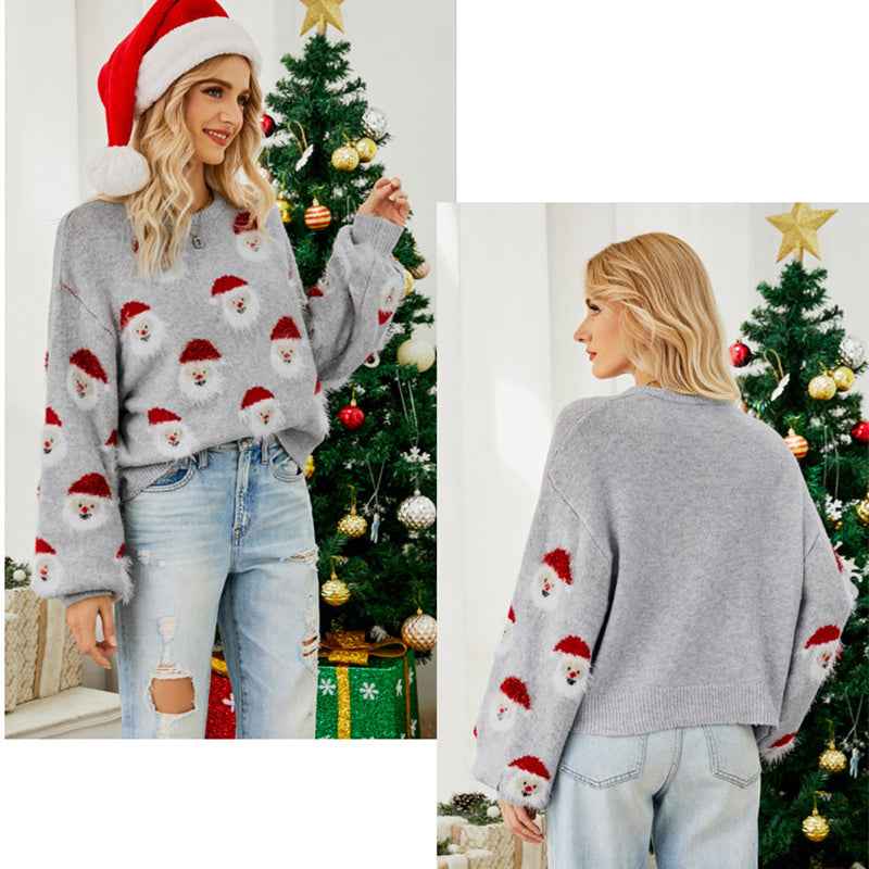 Women's Regular Fit Christmas Santa Print Knit Sweater - OLD MONEY LEGACY
