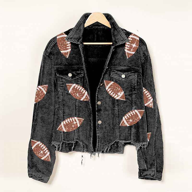 Women's Corduroy Rugby-Print Baseball Jacket - OLD MONEY LEGACY