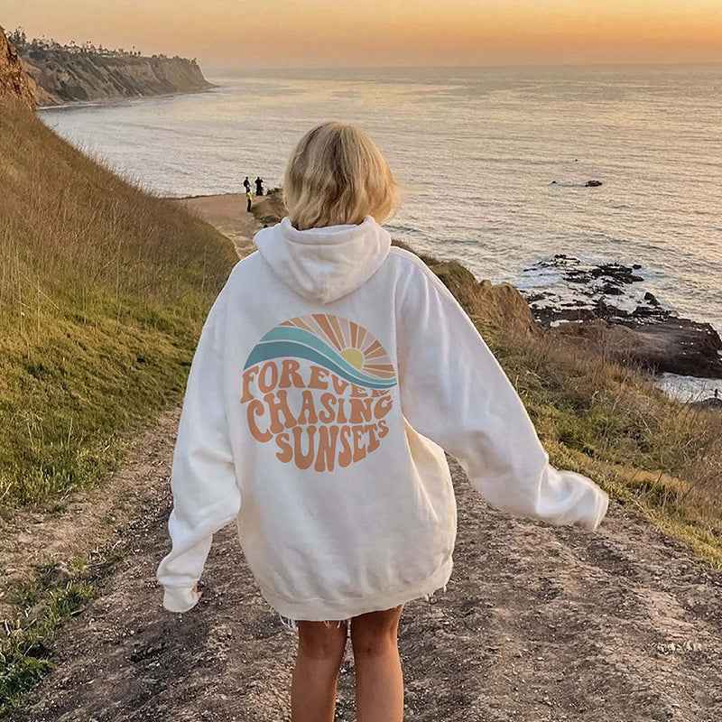 Unisex Fleece-Lined Sunset Print Hoodie Kangaroo Pocket - OLD MONEY LEGACY