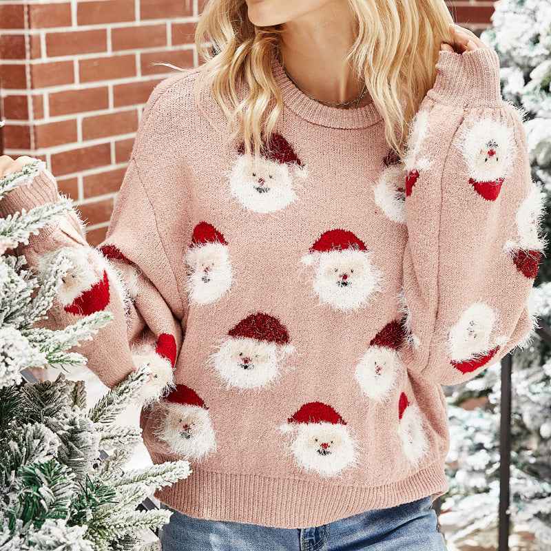 Women's Regular Fit Christmas Santa Print Knit Sweater - OLD MONEY LEGACY