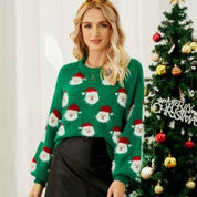 Women's Regular Fit Christmas Santa Print Knit Sweater - OLD MONEY LEGACY