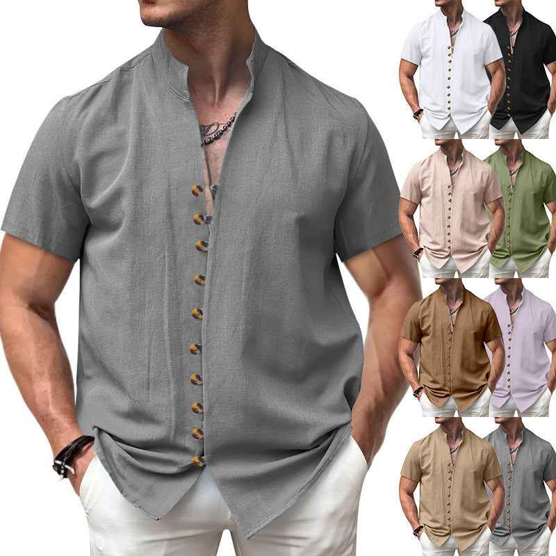 Linen Button Stand Collar Short Sleeve Shirt - OLD MONEY LEGACY