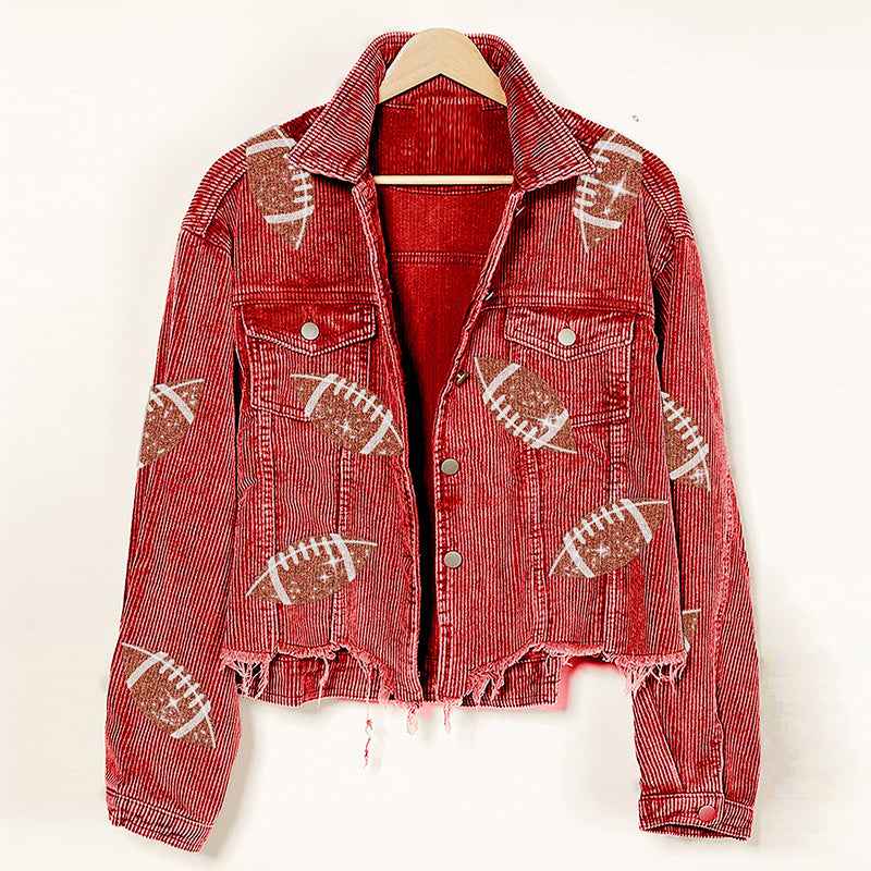 Women's Corduroy Rugby-Print Baseball Jacket - OLD MONEY LEGACY