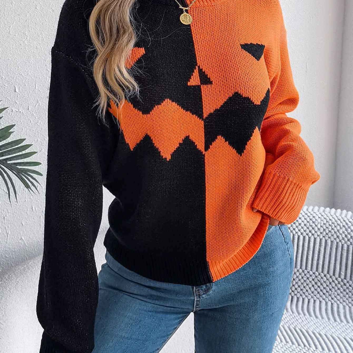 Women's Halloween Ghost Pattern Knit Pullover Sweater - OLD MONEY LEGACY