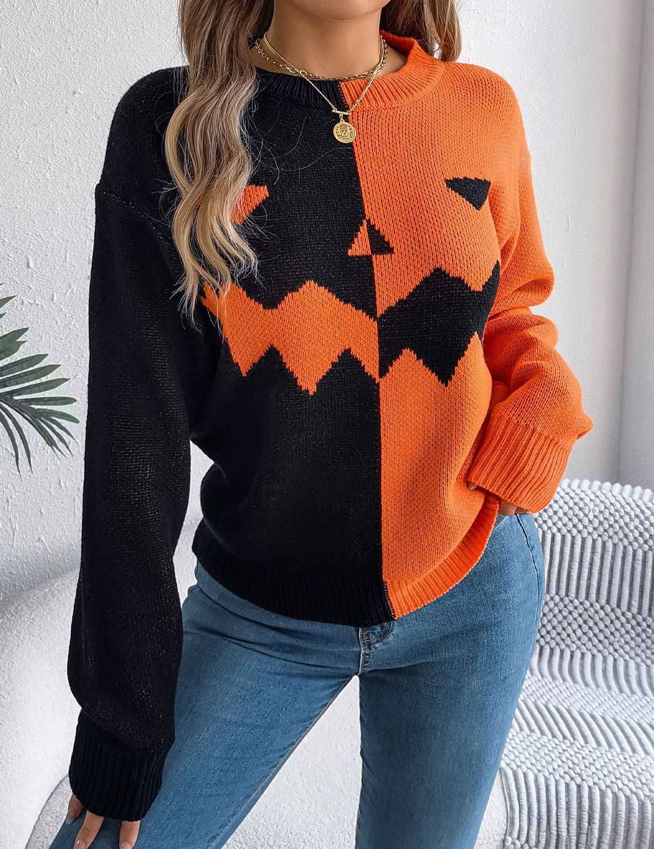 Women's Halloween Ghost Pattern Knit Pullover Sweater - OLD MONEY LEGACY