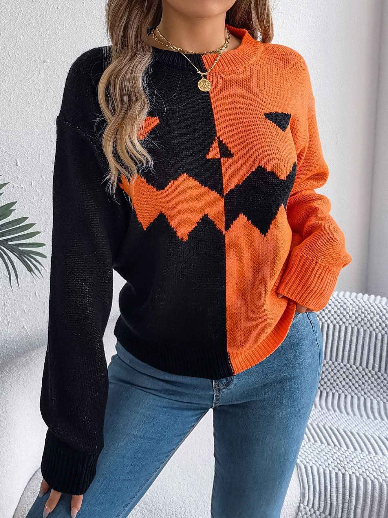 Women's Halloween Ghost Pattern Knit Pullover Sweater - OLD MONEY LEGACY