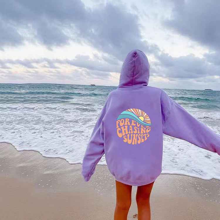 Unisex Fleece-Lined Sunset Print Hoodie Kangaroo Pocket - OLD MONEY LEGACY