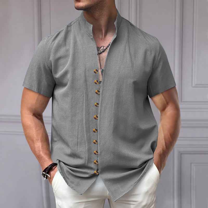 Linen Button Stand Collar Short Sleeve Shirt - OLD MONEY LEGACY
