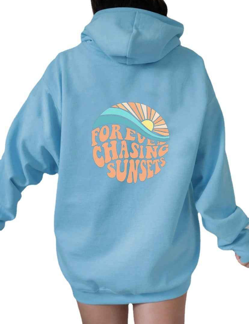Unisex Fleece-Lined Sunset Print Hoodie Kangaroo Pocket - OLD MONEY LEGACY
