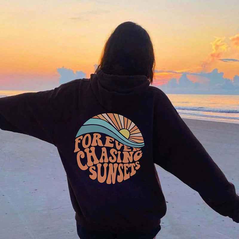Unisex Fleece-Lined Sunset Print Hoodie Kangaroo Pocket - OLD MONEY LEGACY