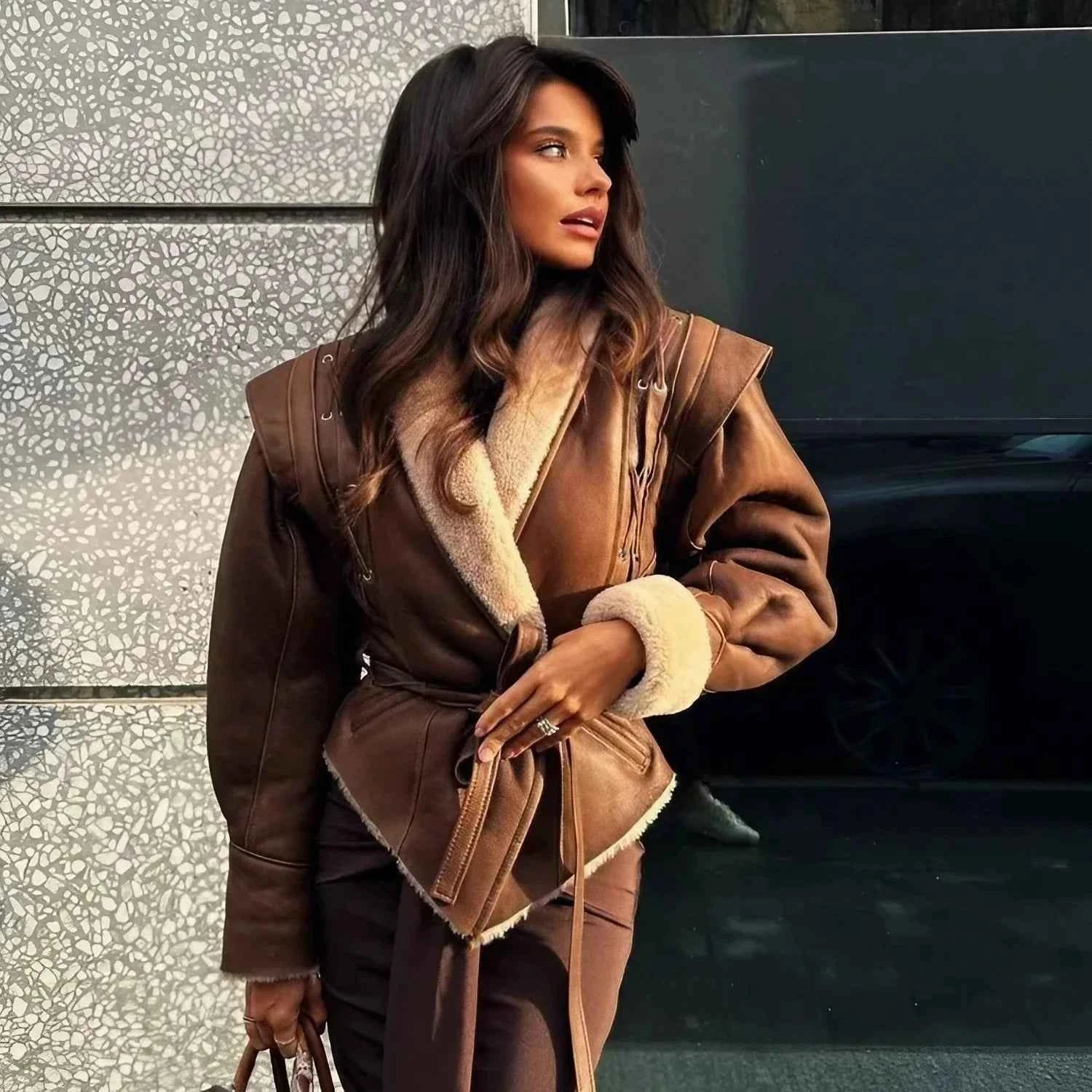Warm Furry Leather Jacket | Women's Real Leather Winter Coat with Fox Fur Collar