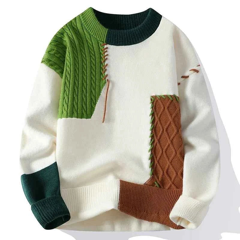 Patchwork Knit Sweater – Men’s Textured Crewneck Pullover