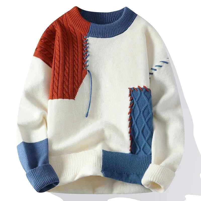 Patchwork Knit Sweater – Men’s Textured Crewneck Pullover