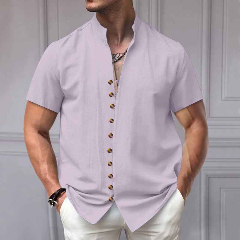 Linen Button Stand Collar Short Sleeve Shirt - OLD MONEY LEGACY