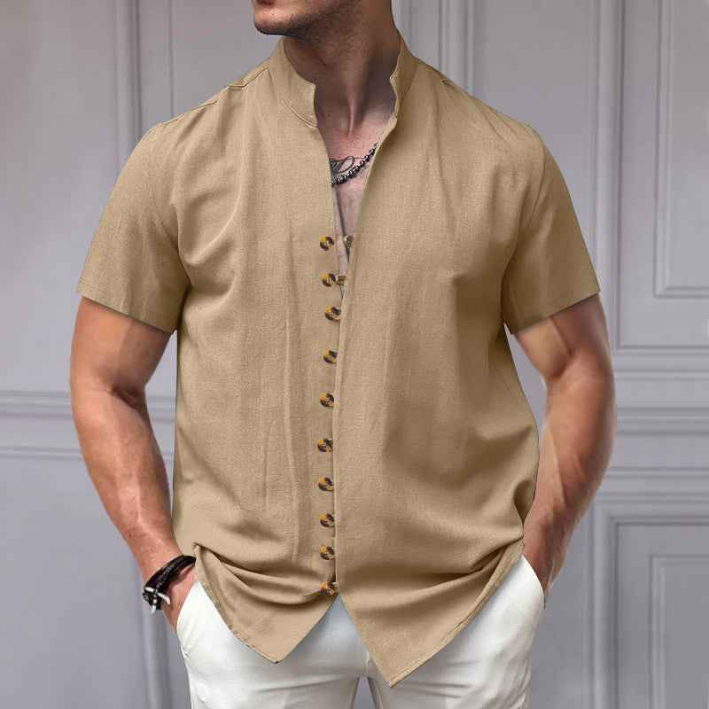 Linen Button Stand Collar Short Sleeve Shirt - OLD MONEY LEGACY