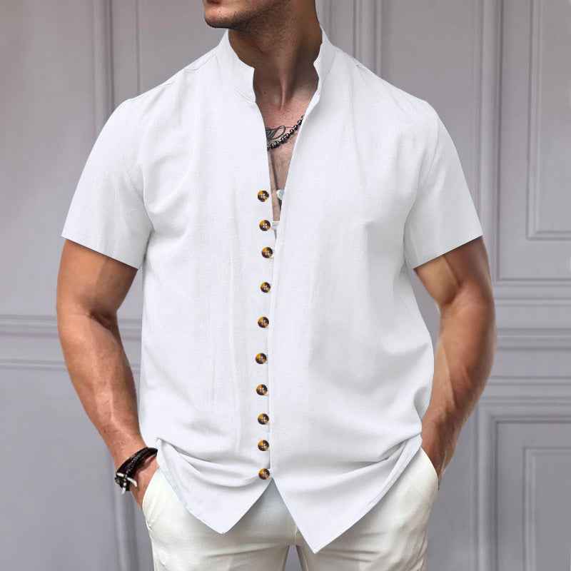 Linen Button Stand Collar Short Sleeve Shirt - OLD MONEY LEGACY