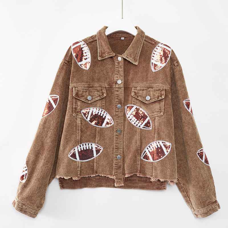 Women's Corduroy Rugby-Print Baseball Jacket - OLD MONEY LEGACY