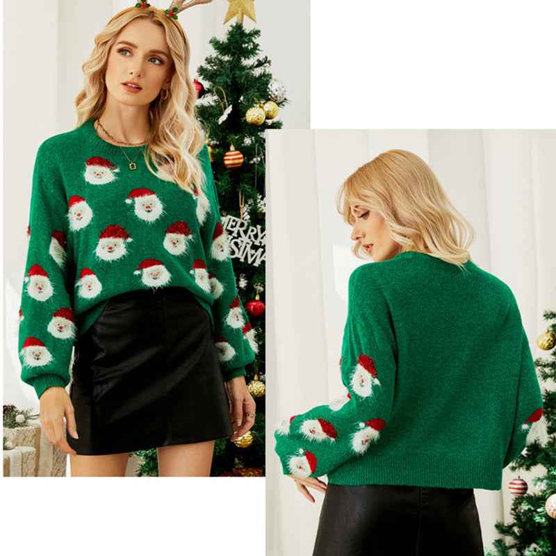 Women's Regular Fit Christmas Santa Print Knit Sweater - OLD MONEY LEGACY