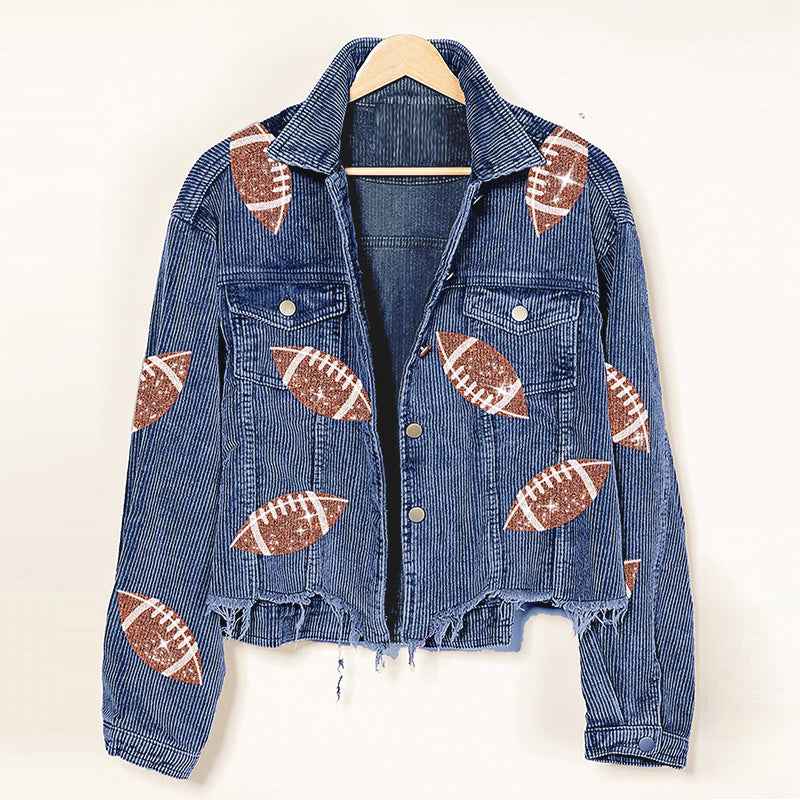 Women's Corduroy Rugby-Print Baseball Jacket - OLD MONEY LEGACY