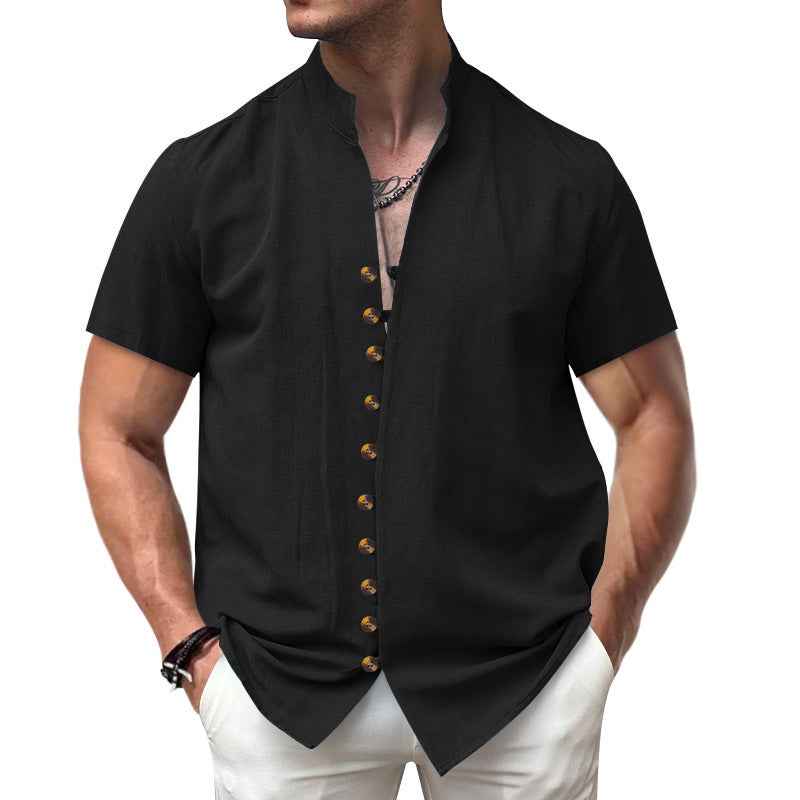 Linen Button Stand Collar Short Sleeve Shirt - OLD MONEY LEGACY