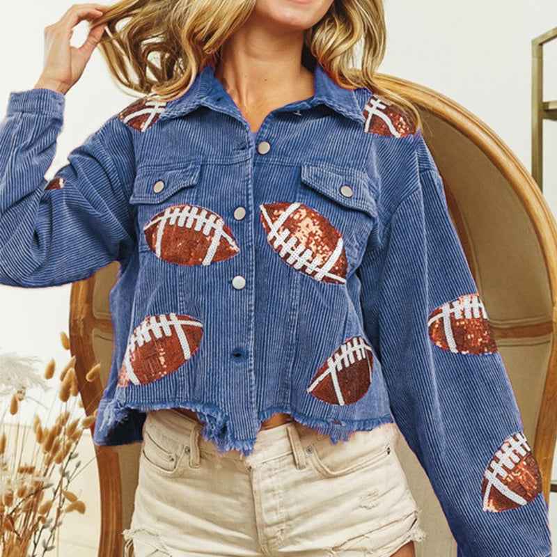 Women's Corduroy Rugby-Print Baseball Jacket - OLD MONEY LEGACY