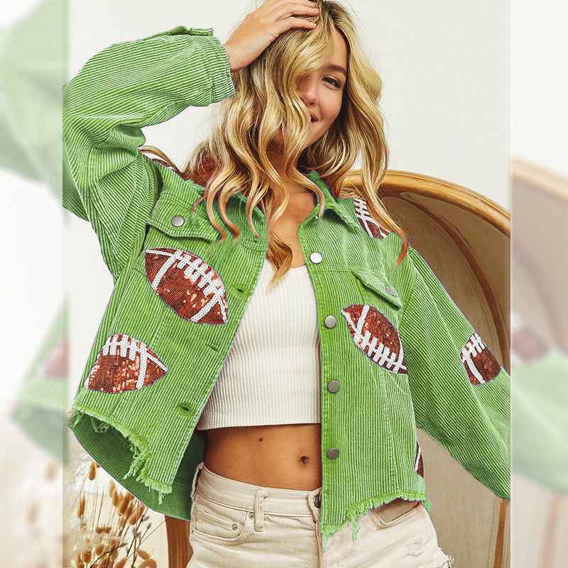 Women's Corduroy Rugby-Print Baseball Jacket - OLD MONEY LEGACY