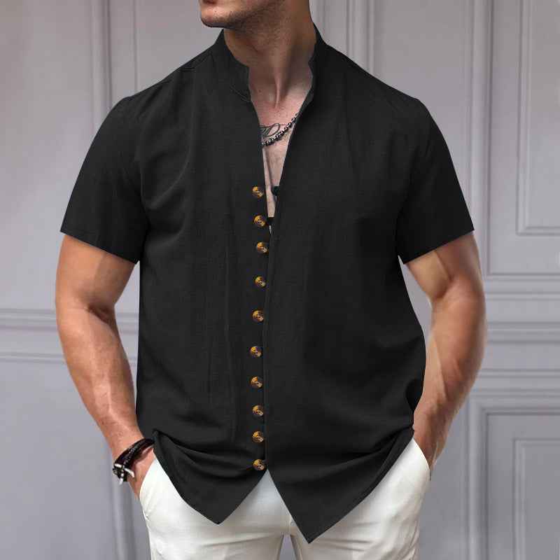 Linen Button Stand Collar Short Sleeve Shirt - OLD MONEY LEGACY