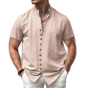 Linen Button Stand Collar Short Sleeve Shirt - OLD MONEY LEGACY