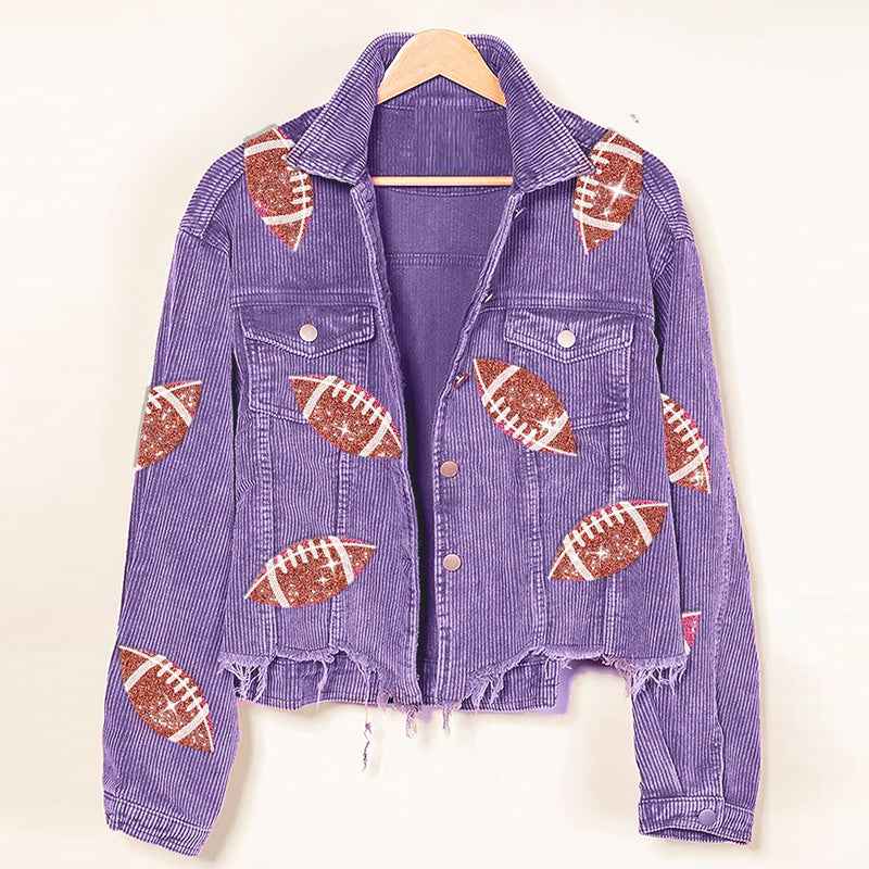Women's Corduroy Rugby-Print Baseball Jacket - OLD MONEY LEGACY