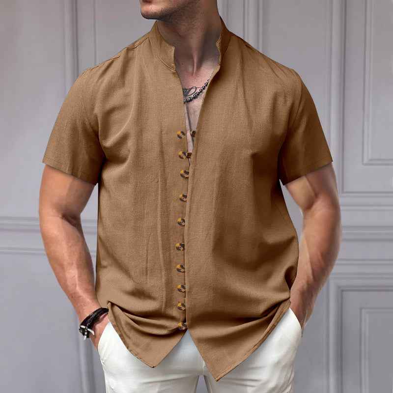 Linen Button Stand Collar Short Sleeve Shirt - OLD MONEY LEGACY