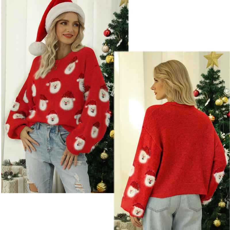 Women's Regular Fit Christmas Santa Print Knit Sweater - OLD MONEY LEGACY