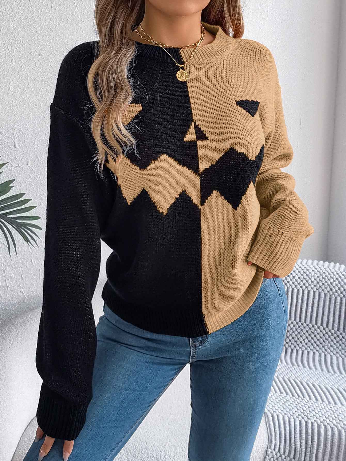 Women's Halloween Ghost Pattern Knit Pullover Sweater - OLD MONEY LEGACY