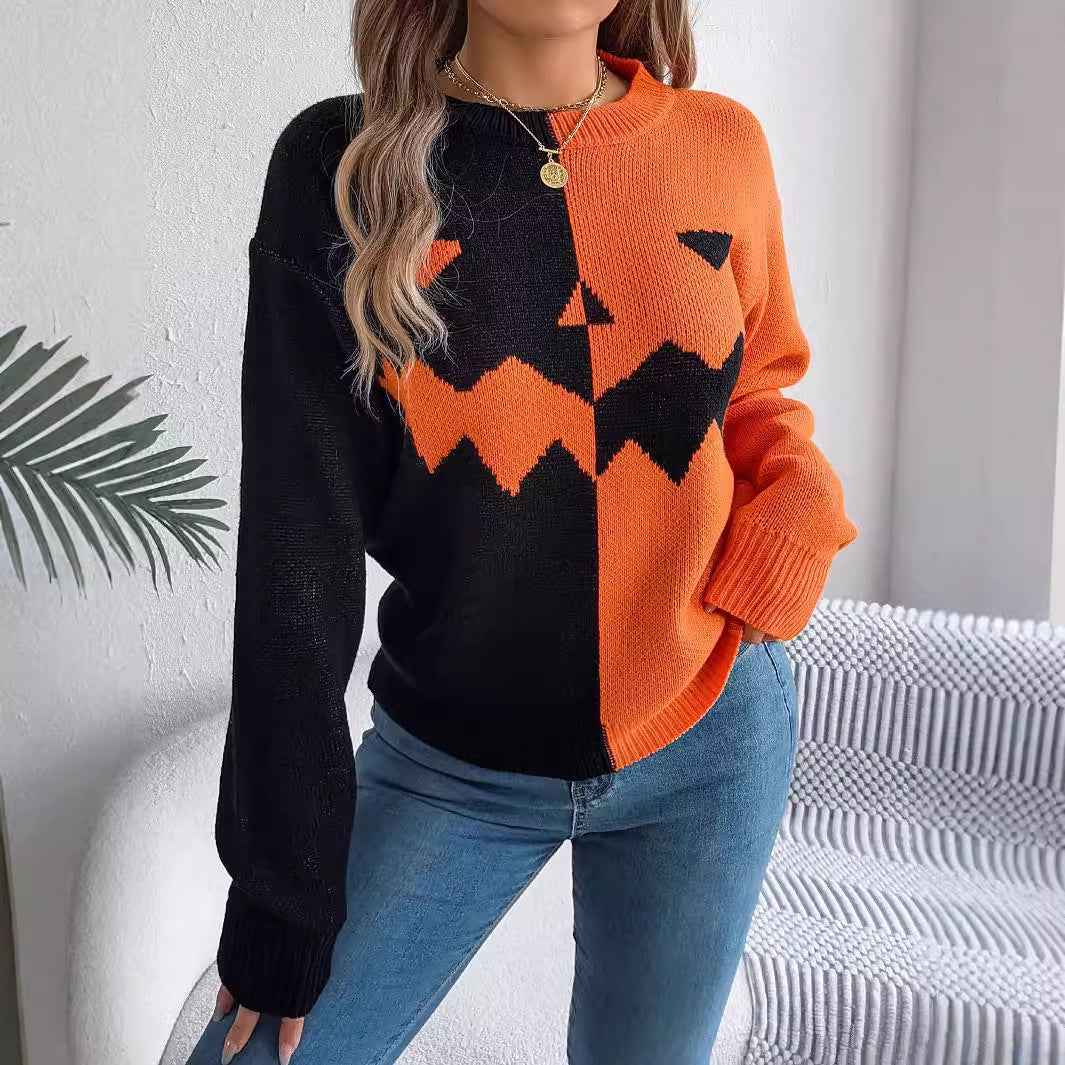 Women's Halloween Ghost Pattern Knit Pullover Sweater - OLD MONEY LEGACY