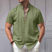 Linen Button Stand Collar Short Sleeve Shirt - OLD MONEY LEGACY