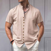 Linen Button Stand Collar Short Sleeve Shirt - OLD MONEY LEGACY